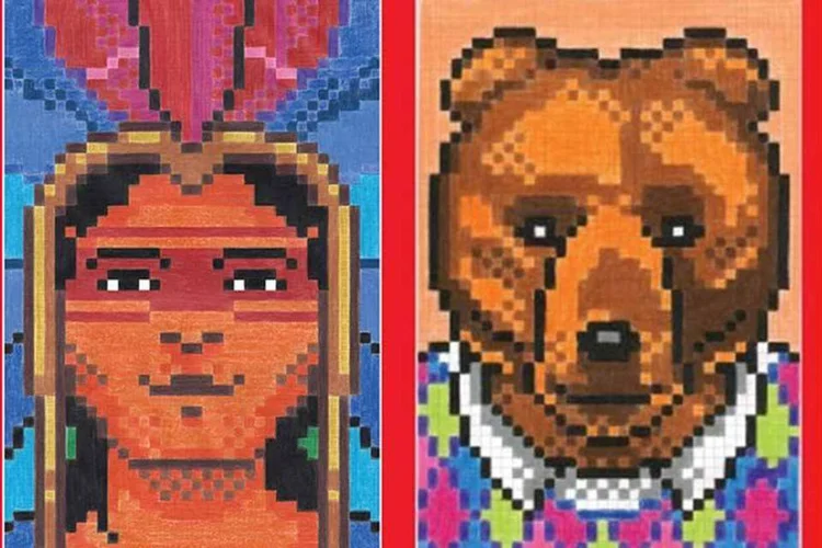 
	Figuras de &iacute;ndio e de urso pintadas: &agrave; medida que vai pintando todos os &ldquo;pixels&rdquo;, a pessoa descobre a figura que est&aacute; criando
 (Divulgação/Faber-Castell)