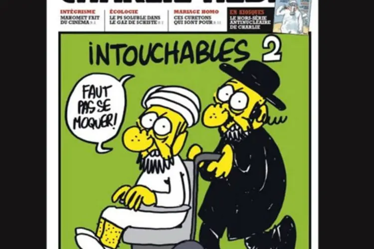 
	Edi&ccedil;&atilde;o com caricatura de Maom&eacute; da revista Charlie Hebdo&#39;s: o site do jornal foi bloqueado depois de ter sido alvo da a&ccedil;&atilde;o de hackers, segundo seu diretor
 (Charlie Hebdo/AFP)