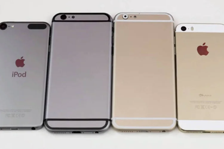 
	iPhone 6 (entre um iPod touch e um iPhone 5s na ilustra&ccedil;&atilde;o): tela mais resistente do que a atual
 (Reprodução de EXAME.com)
