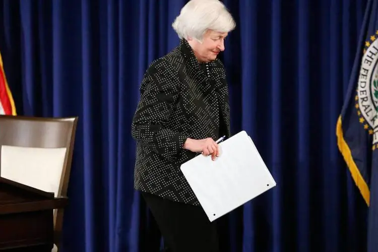 Janet Yellen, chair do Fed, após uma entrevista coletiva em Washington, nos Estados Unidos (Jonathan Ernst/Reuters)
