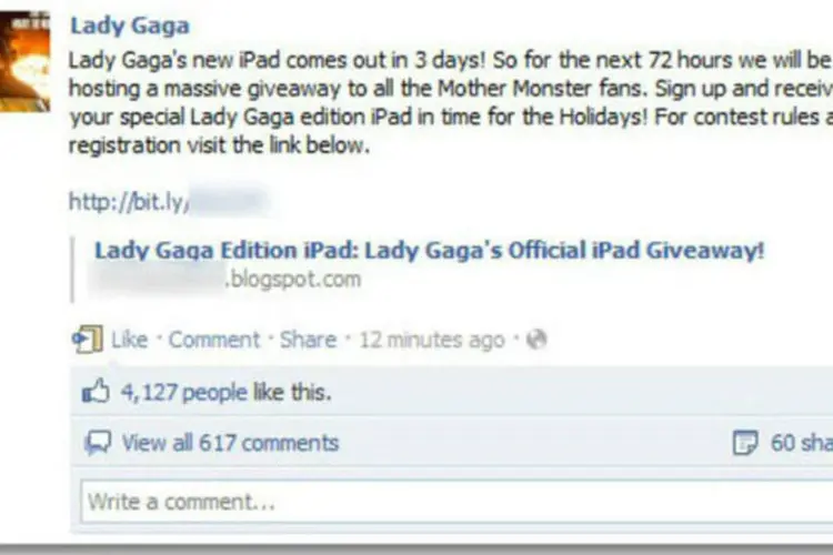 “Nas próximas 72 horas faremos um grande sorteio para todos os fãs da Mãe Monstro. Faça sua inscrição pelo link abaixo e receba seu iPad edição especial Lady Gaga em tempo para o Natal”, dizia a publicação (Reprodução)