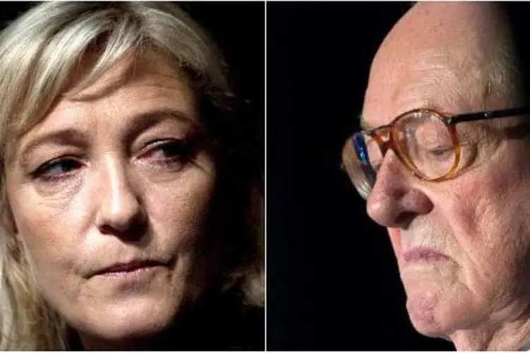 Marine Le Pen e Jean-Marie Le Pen: ao ser questionado se deseja a vitória de Marine nas eleições presidenciais de 2017, o eurodeputado foi direto: "No momento, não" (AFP)