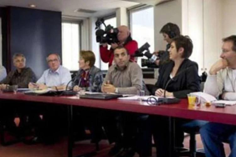 Líderes sindicais franceses em reunião (Bertrand Langlois/AFP)