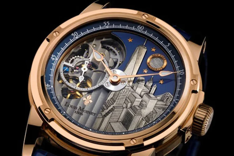 Louis Moinet Mecanograph New York: silhueta da cidade foi gravada em seu mostrador por meio de uma técnica mantida em segredo pela marca  (Divulgação)