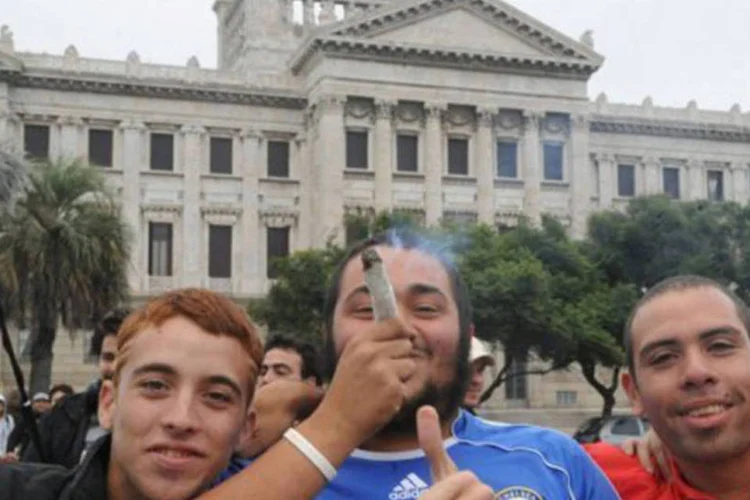 
	Manifesta&ccedil;&atilde;o pela legaliza&ccedil;&atilde;o da maconha, em frente ao Congresso uruguaio: a maconha &eacute; a quarta droga mais consumida no pa&iacute;s
 (Miguel Rojo/AFP)