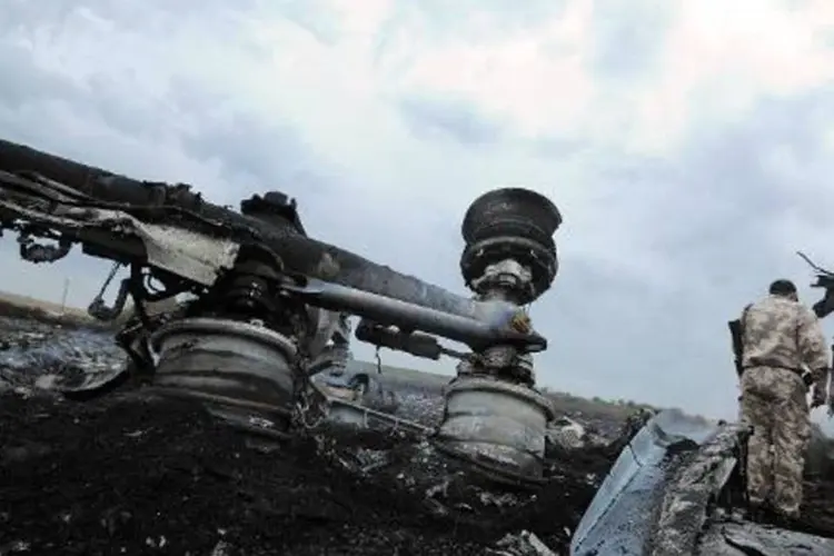 Destroços do avião malaio que caiu em território ucraniano, matando 295 pessoas, é visto em 17 de julho de 2014 (Dominique Faget/AFP)