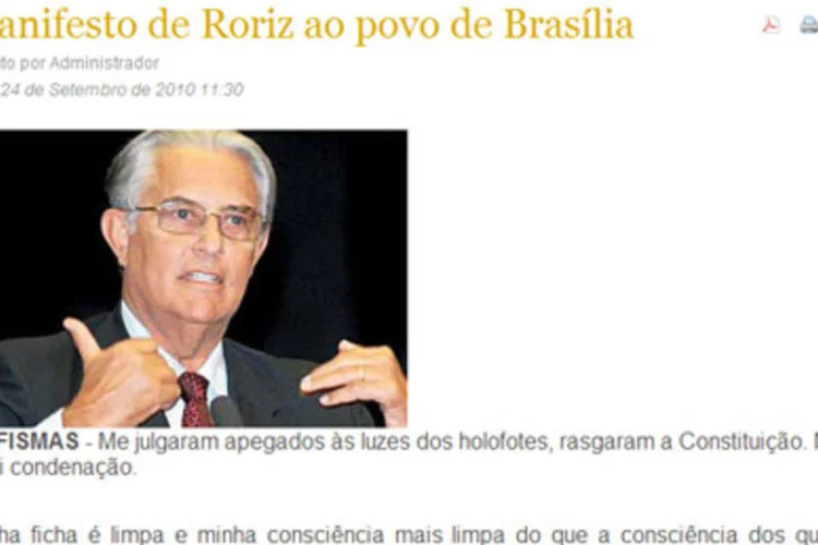 `Manifesto de Roriz ao povo de Brasília´, publicado no site do ex-candidato ao governo do DF pelo PSC (Reprodução)
