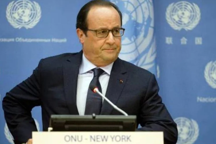 O presidente francês participa de uma entrevista coletiva na sede da ONU (Alain Jocard/AFP)