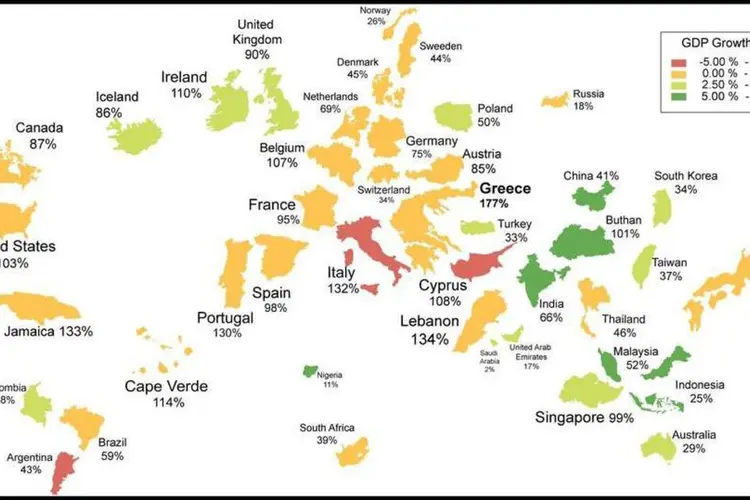Mapa com tamanho da dívida pública em relação ao PIB em vários países do mundo (HowMuch.Net)