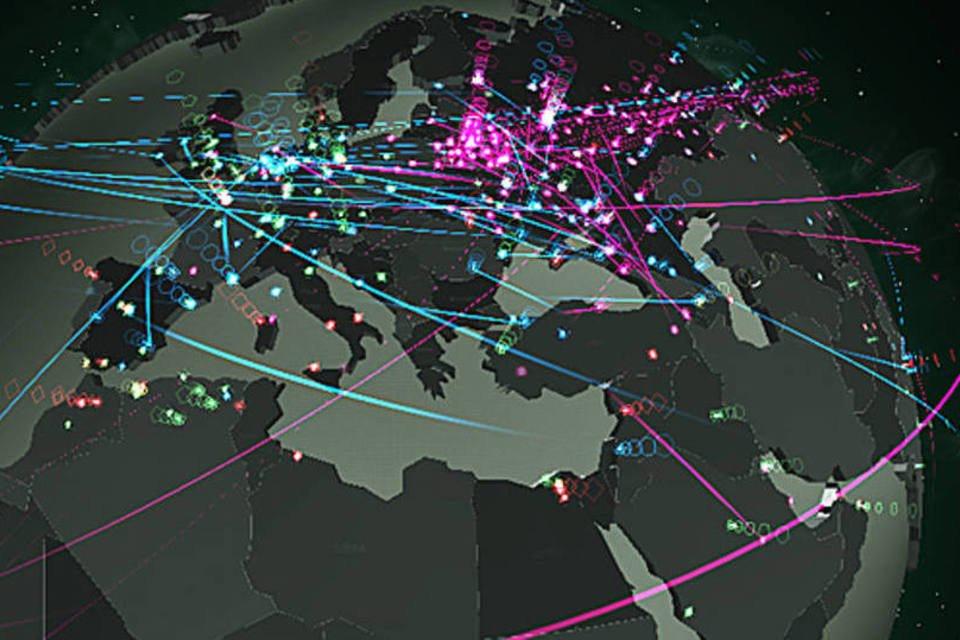 Este mapa mostra os ataques virtuais no mundo em tempo real