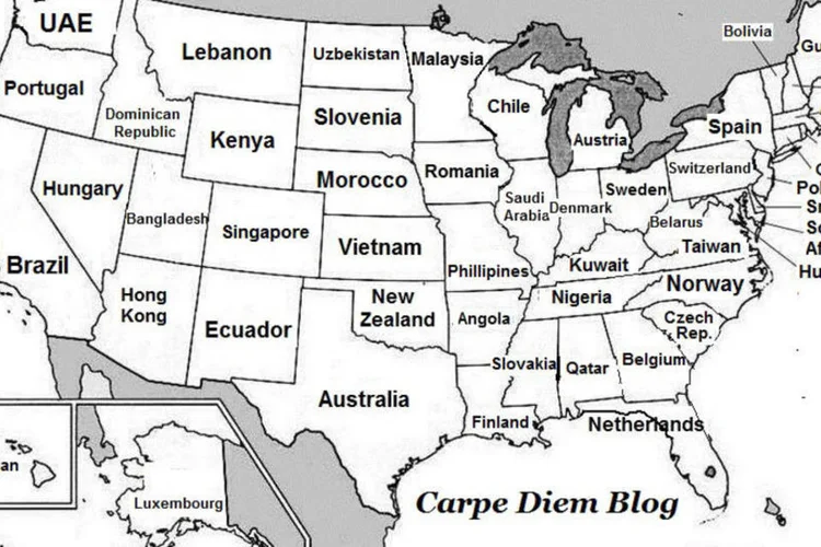 Mapa comparando PIB de estados dos EUA com países em 2013 (Carpe Diem Blog)