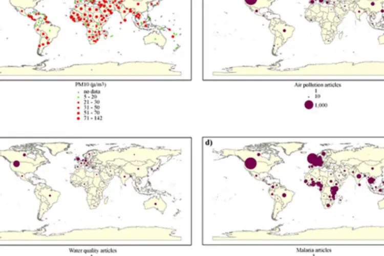 Mapas: distribuição de material particulado (a), de artigos publicados sobre poluição atmosférica (b), artigos publicados sobre qualidade da água (c) e artigos publicados sobre malária (d) (Fajersztajn, L., et al. Nature Reviews Cancer13 674–678 (2013))
