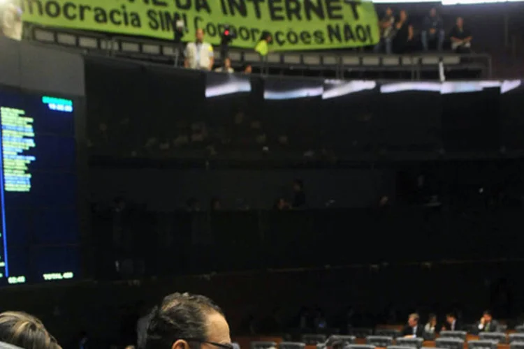 Manifestação durante a votação do Marco Civil da Internert na Câmara dos Deputados, em Brasília (Gustavo Lima/Câmara dos Deputados)
