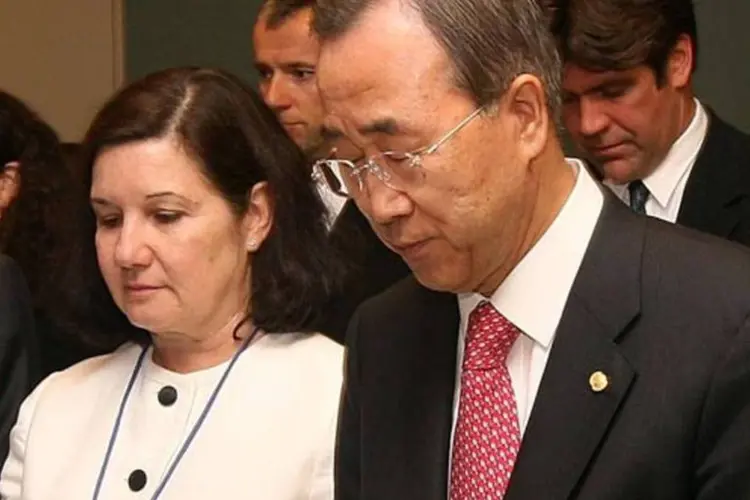 A embaixadora brasileira na ONU, Maria Luiza Viotti, e o secretário-geral Ban Ki-moon (Michael Loccisano/Getty Images)