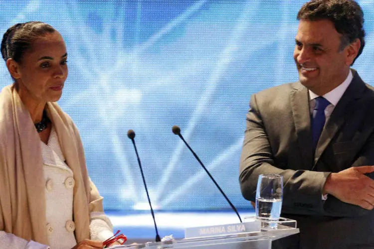 
	Marina Silva e A&eacute;cio Neves durante o primeiro debate presidencial na TV
 (Paulo Whitaker/Reuters)