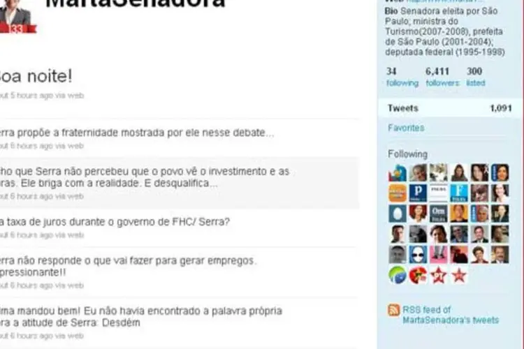 No seu twitter, Marta Suplicy choveu críticas ao candidato José Serra (Reprodução)