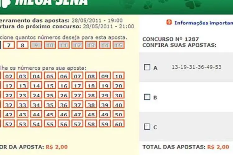 
	Tela da Mega-Sena no site da Caixa: clientes podem apostar pelo internet banking
 (Reprodução)