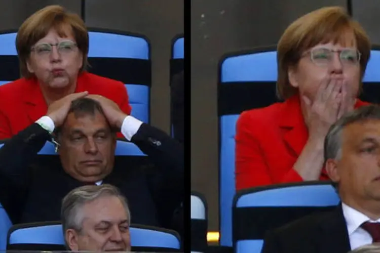 
	Angela Merkel na final da Copa do Mundo: acabou fama de p&eacute;-fria
 (Montagem EXAME.com // REUTERS/Eddie Keogh)