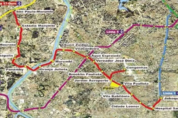Metrô de SP: Linha Ouro (em vermelho) vai ligar o Morumbi à estação Jabaquara (Divulgação/EXAME.com)