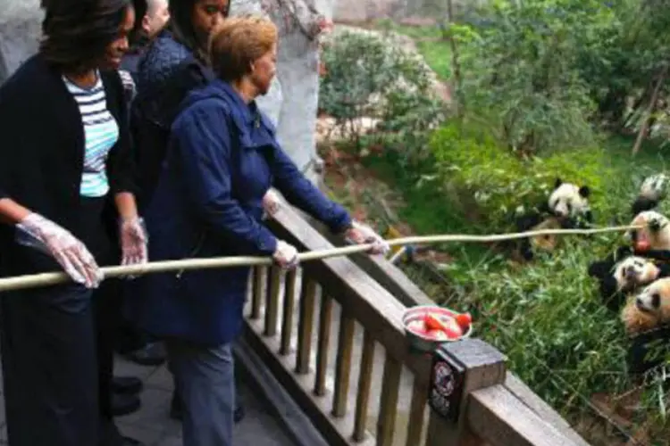Michelle e a mãe dão maçãs para os pandas: Michelle também almoçou em um restaurante tibetano (Petar Kujundzic/AFP)