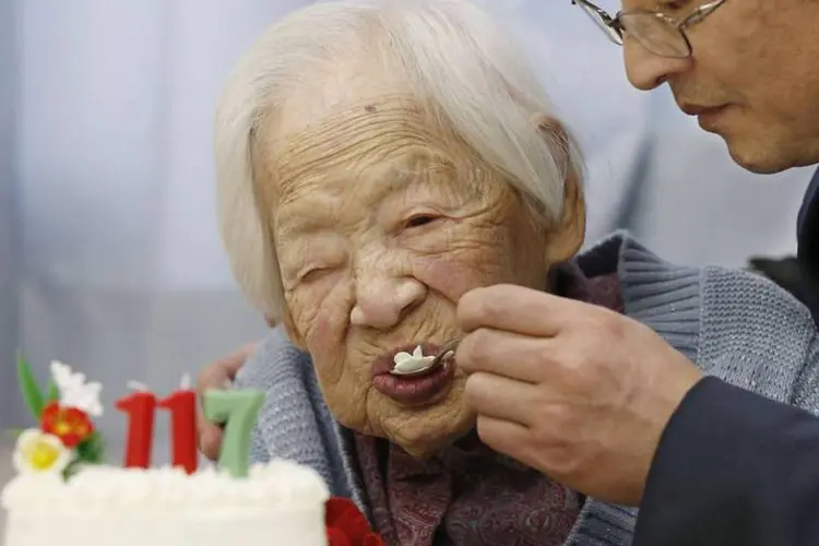 Misao Okawa na comemoração do 117º aniversário, há quase um mês (Kyodo /Reuters)