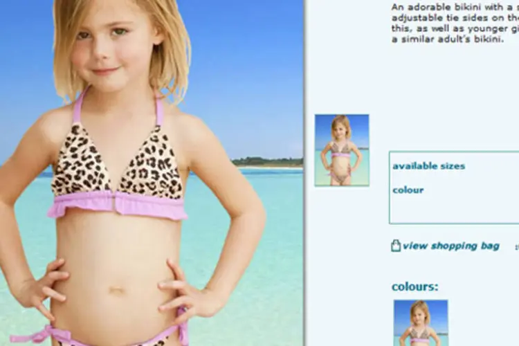 Bikini de oncinha da marca Liz Hurley para crianças de 8 a 13 anos: "Deve haver uma linha divisória clara entre a infância e a fase adulta", afirmou a ativista (Reprodução)