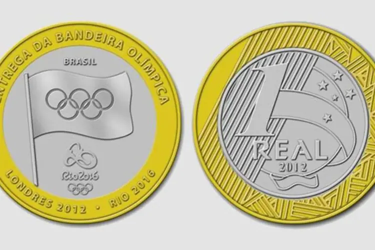 
	A moeda de R$ 1 &eacute; similar &agrave; de prata mas, na frente, sobre o anel dourado, acrescenta a inscri&ccedil;&atilde;o&nbsp;&#39;&#39;Londres 2012 - Rio 2016&#39;&#39;
 (./Divulgação)