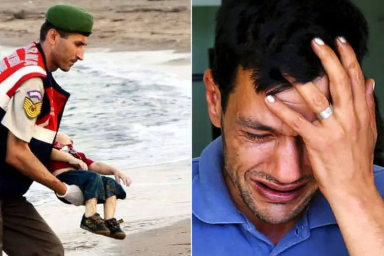 
	Montagem mostra Aylan al-Kurdi sendo retirado da praia e seu pai: dois s&iacute;rios foram condenados por tr&aacute;fico de pessoas pelo caso
 (REUTERS)