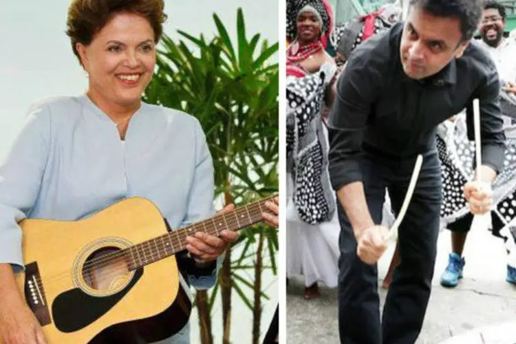 Dilma segura violão que ganhou da cantora Shakira e Aécio toca tambor durante visita ao AfroReggae (Ichiro Guerra/Orlando Brito/Montagem EXAME.com)