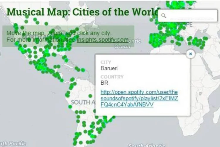 
	O projeto destaca o alcance global do Spotify, que tem filtrado os sons mais ouvidos em cada local onde est&aacute; hospedado
 (Reprodução/Spotify)