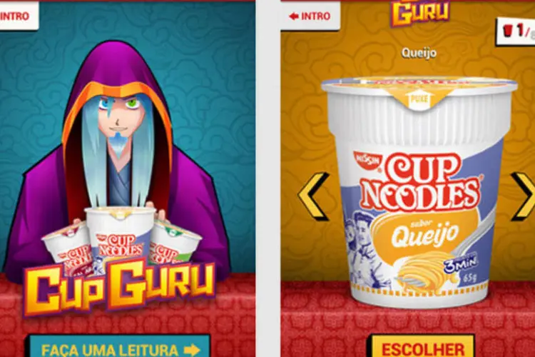 Tela do Cup Guru da Nissin: app permite que o usuário experimente virtualmente um dos oito sabores de Cup Noodles (Reprodução)