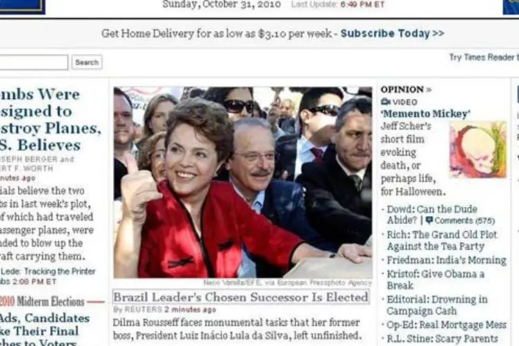 Site do jornal norte-americano The New York Times manchetou vitória da candidata do PT, Dilma Rousseff, nas eleições presidenciais no Brasil (Reprodução/EXAME.com)