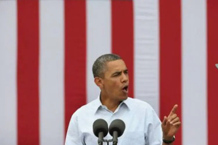 
	O presidente americano Barack Obama faz campanha em Dubuque, Iowa: a campanhado do democrata pediu apenas a declara&ccedil;&atilde;o dos &uacute;ltimos cinco anos
 (Scott Olson/Getty Images/AFP)