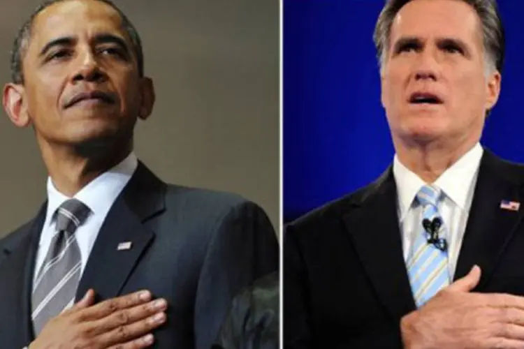 Montagem de imagens de Barack Obama (E) e Mitt Romney durante o hino nacional americano
 (AFP)