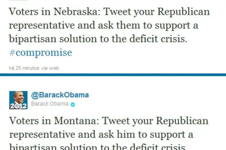 "Tuíte para os seus legisladores republicanos e os pressione a apoiar um compromisso bipartidário para a crise da dívida", disse Obama (Reprodução)