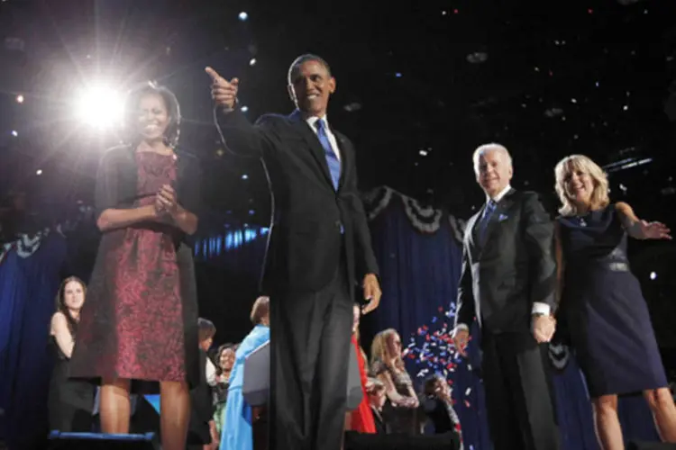 Obama celebra a vitória sobre Romney: democrata tem abertamente afirmado seu desprezo por "banqueiros poderosos" que "não se tocaram" (Jason Reed/Reuters)