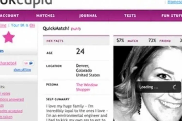 
	Tela do site de relacionamentos OKCupid: site americano confessou que fez experi&ecirc;ncias com usu&aacute;rios
 (Reprodução)