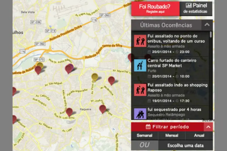 Aplicativo "Onde Fui Roubado": usuário deve selecionar a cidade em que deseja consultar os roubos e aí pode visualizar o mapa com os crimes (Reprodução/INFO Online)