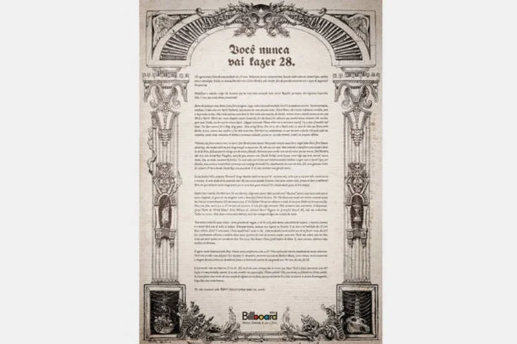 "Você nunca vai fazer 28": anúncio será veiculado na edição de agosto da revista Billboard (Divulgação)