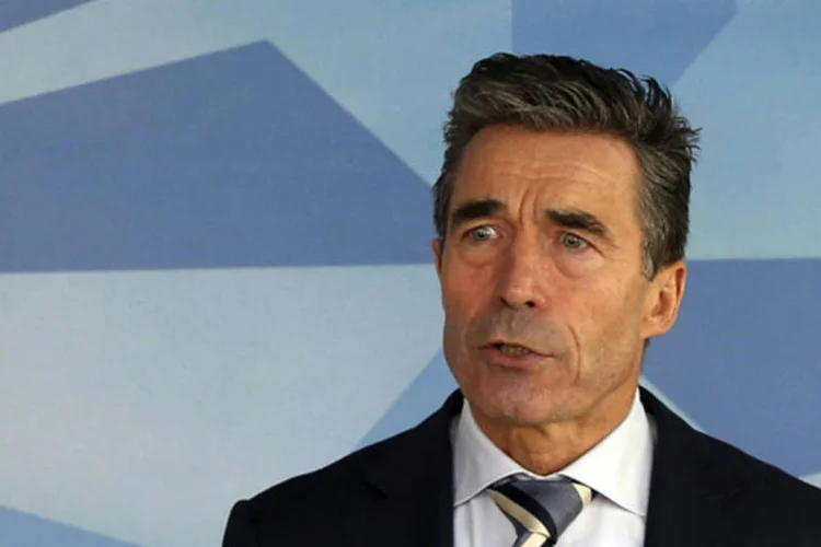 O secretário-geral da Otan, Anders Fogh Rasmussen, em uma coletiva de imprensa na sede da Aliança em Bruxelas sobre crise na Ucrânia no dia 2 de março de 2014 (REUTERS/Yves Herman)