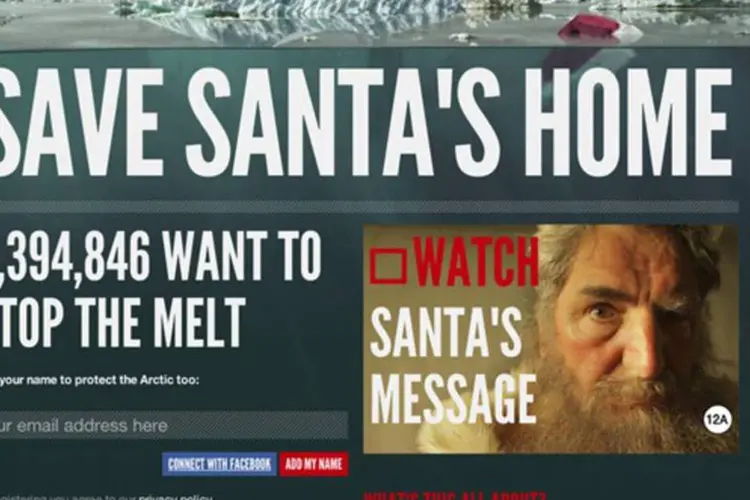 Campanha do Greenpeace com Papai Noel: apelo direciona para o site savesantashome.org, onde as pessoas podem assinar uma petição cobrando medidas para salvar o Pólo Norte (Reprodução)
