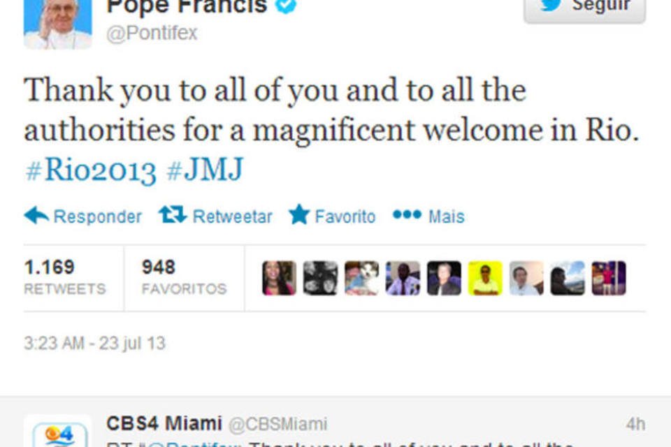 Pelo Twitter, papa Francisco agradece recepção "magnífica"