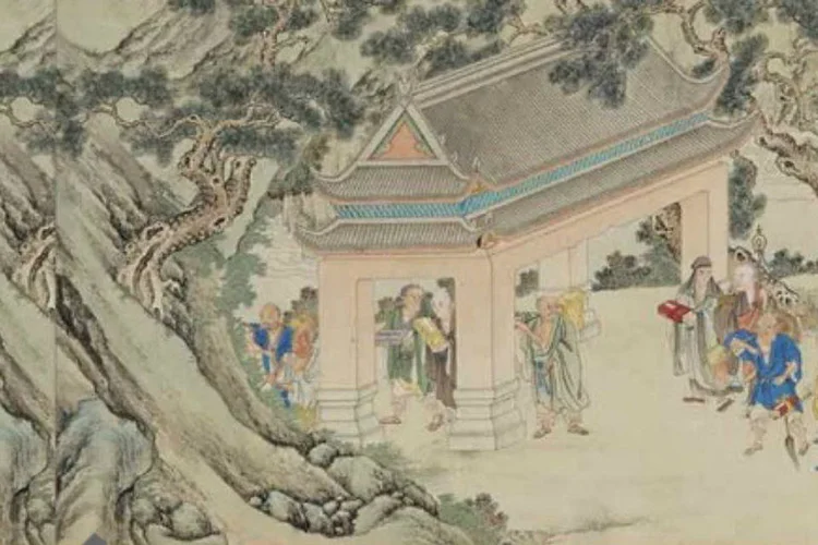 Trecho de pergaminho chinês do século XVIII, atribuído ao pintor Gu Quan (Divulgação/Christies)