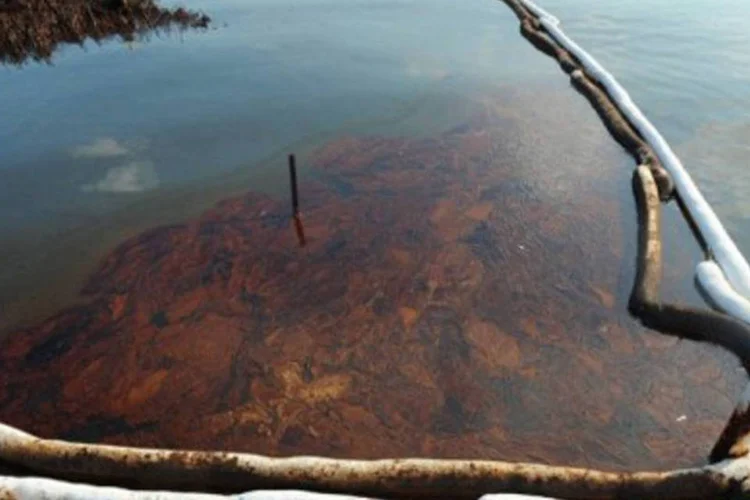 Barreira de contenção em Barataria Bay, praia da Louisiana, nos EUA (.)