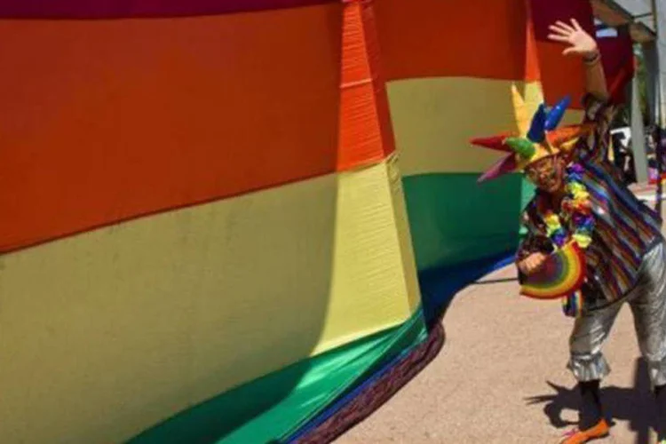 
	Um ativista em frente ao Congresso uruguaio: a not&iacute;cia foi comemorada pela comunidade gay no pa&iacute;s
 (Pablo Porciuncula/AFP)