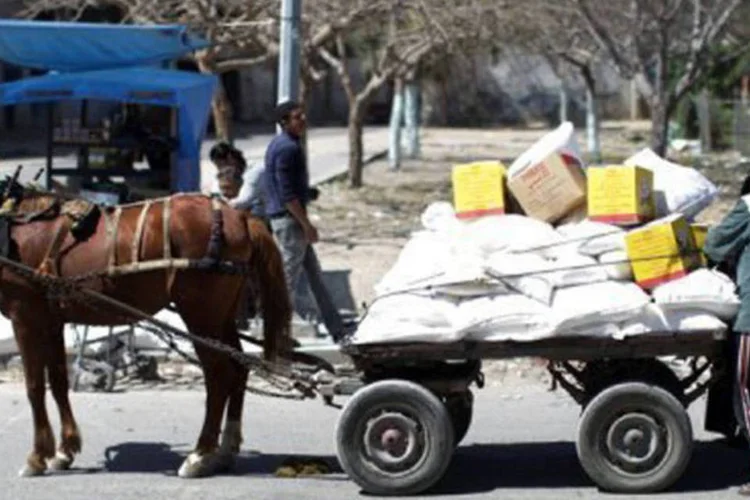 
	Moradores colocam alimentos em carro&ccedil;a em frente a centro de distribui&ccedil;&atilde;o da ONU em Gaza: Kerem Shalom &eacute; a &uacute;nica passagem para mercadorias entre Israel e a Faixa de Gaza
 (Mahmud Hams/AFP)