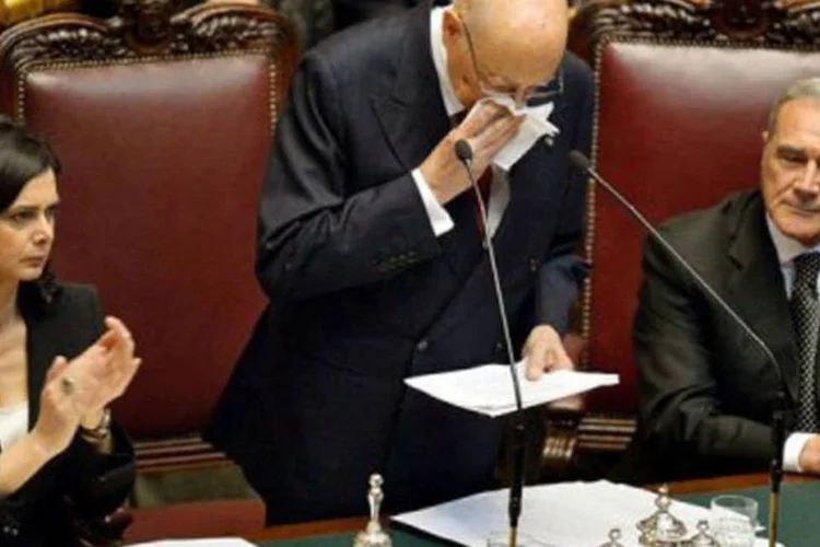 O presidente italiano, Giorgio Napolitano, reeleito no sábado, tomou posse na tarde desta segunda-feira, perante o Parlamento reunido em sessão plenária (Alberto Pizzoli/AFP)