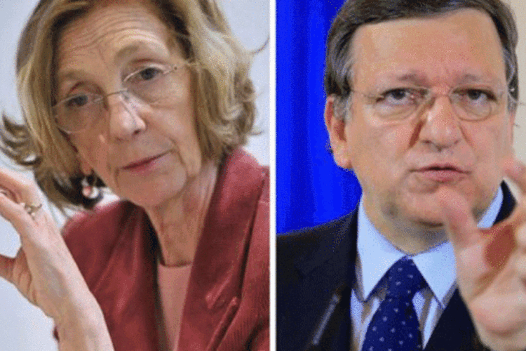 
	Montagem com fotografias da ministra francesa do Com&eacute;rcio Exterior, Nicole Bricq, e do presidente da Comiss&atilde;o Europeia, Jos&eacute; Manuel Barroso: &quot;n&atilde;o fez nada em seu mandato&quot;, disse Bricq
 (Alexander Klein/AFP)