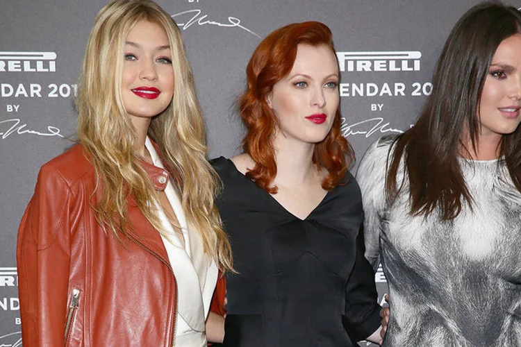 Gigi Hadid, Karen Helson e Candice Huffine durante coletiva de impressa do calendário Pirelli 2015 (Vittorio Zunino Celotto / Staff)