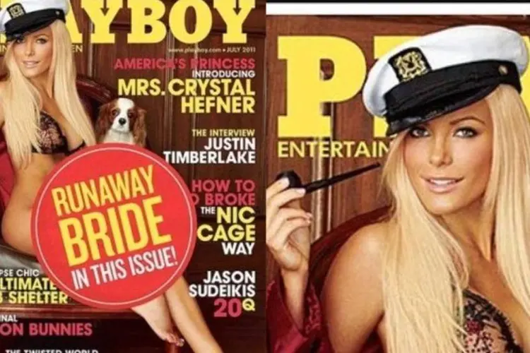 
	Crystal, que apareceu na capa da revista em julho de 2011 com um adesivo &quot;noiva fugitiva&quot; cobrindo a parte de baixo do seu corpo, escreveu no Twitter na segunda-feira que estava pronta para se comprometer
 (Montagem sobre divulgação/Playboy/Divulgação)
